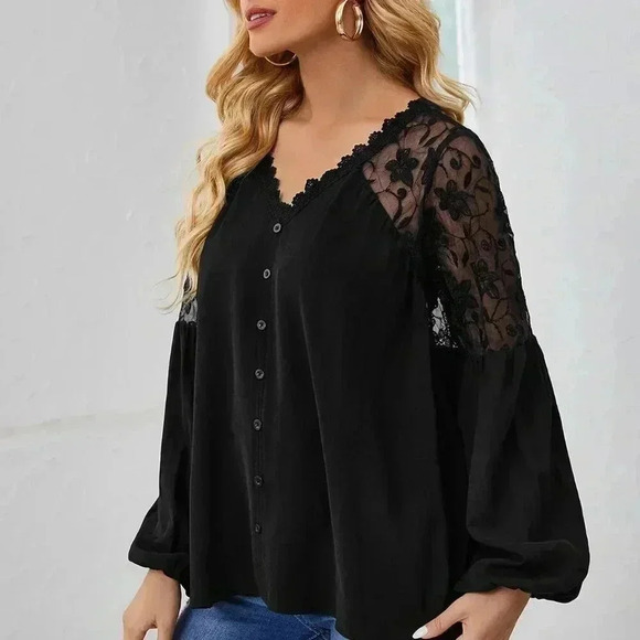 Black Casual Women's Guipure Lace Trim Embroidery Mesh Insert Blouse - Picture 3 of 5